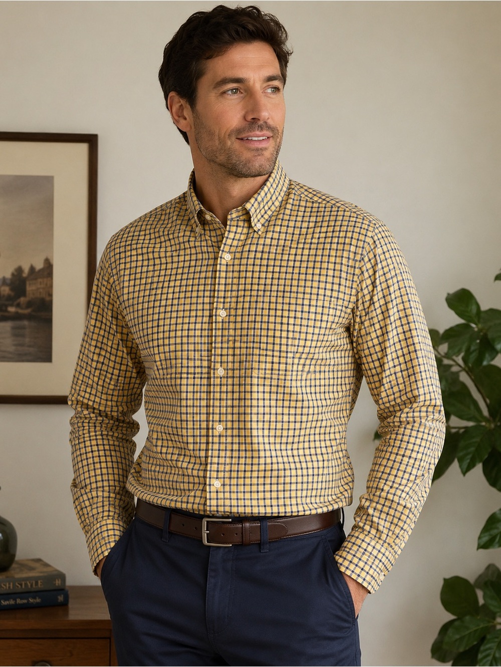 Austin Reed Yellow and Navy Checked Button-Down Shirt
